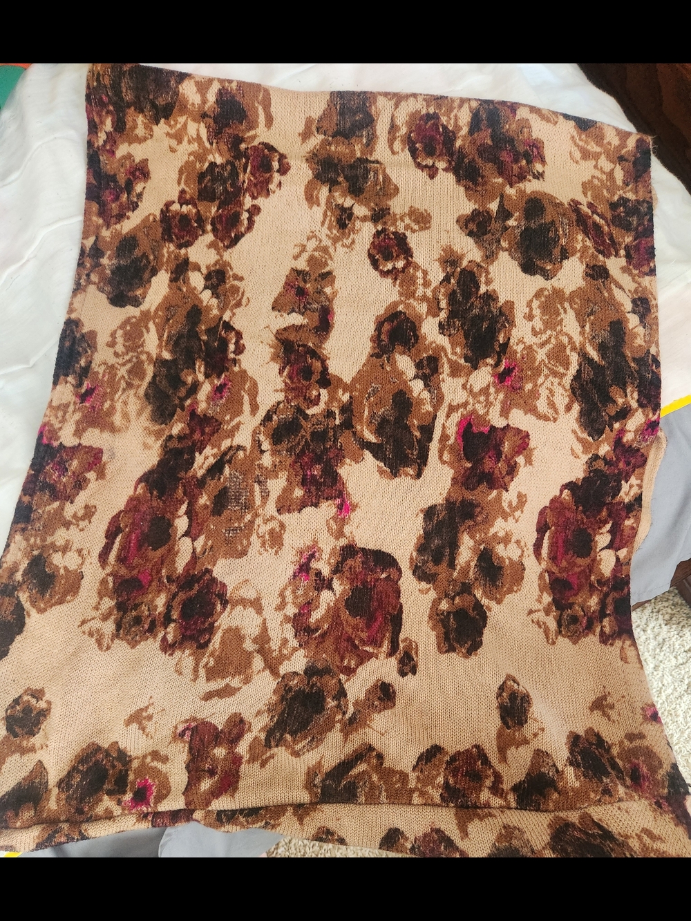 Floral Knit Scarf in Beige, Brown & Burgundy One Size Fits All
